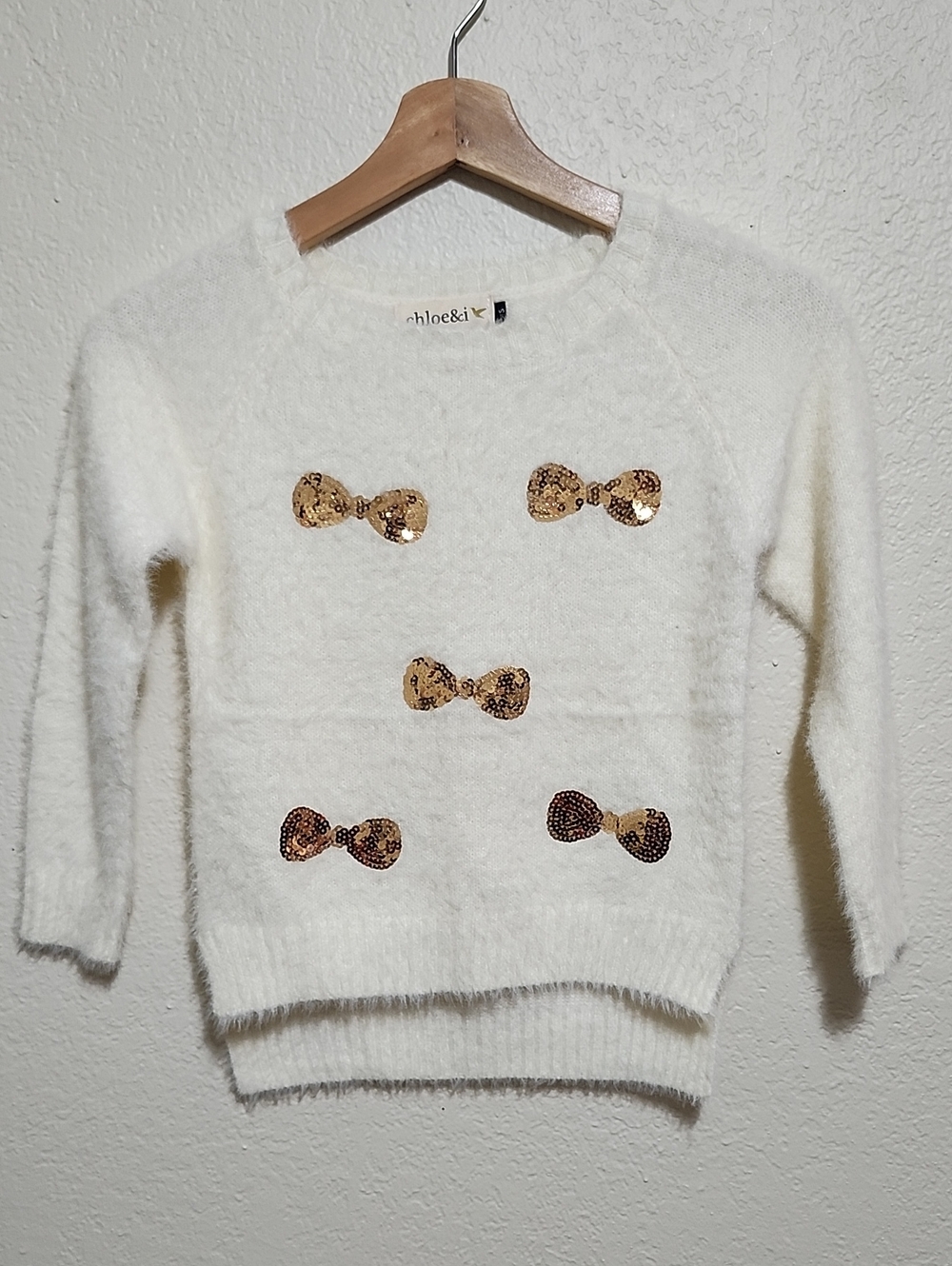Chloe & I White Fuzzy Eyelash Knit Sweater with Gold Sequin Bows - Size S